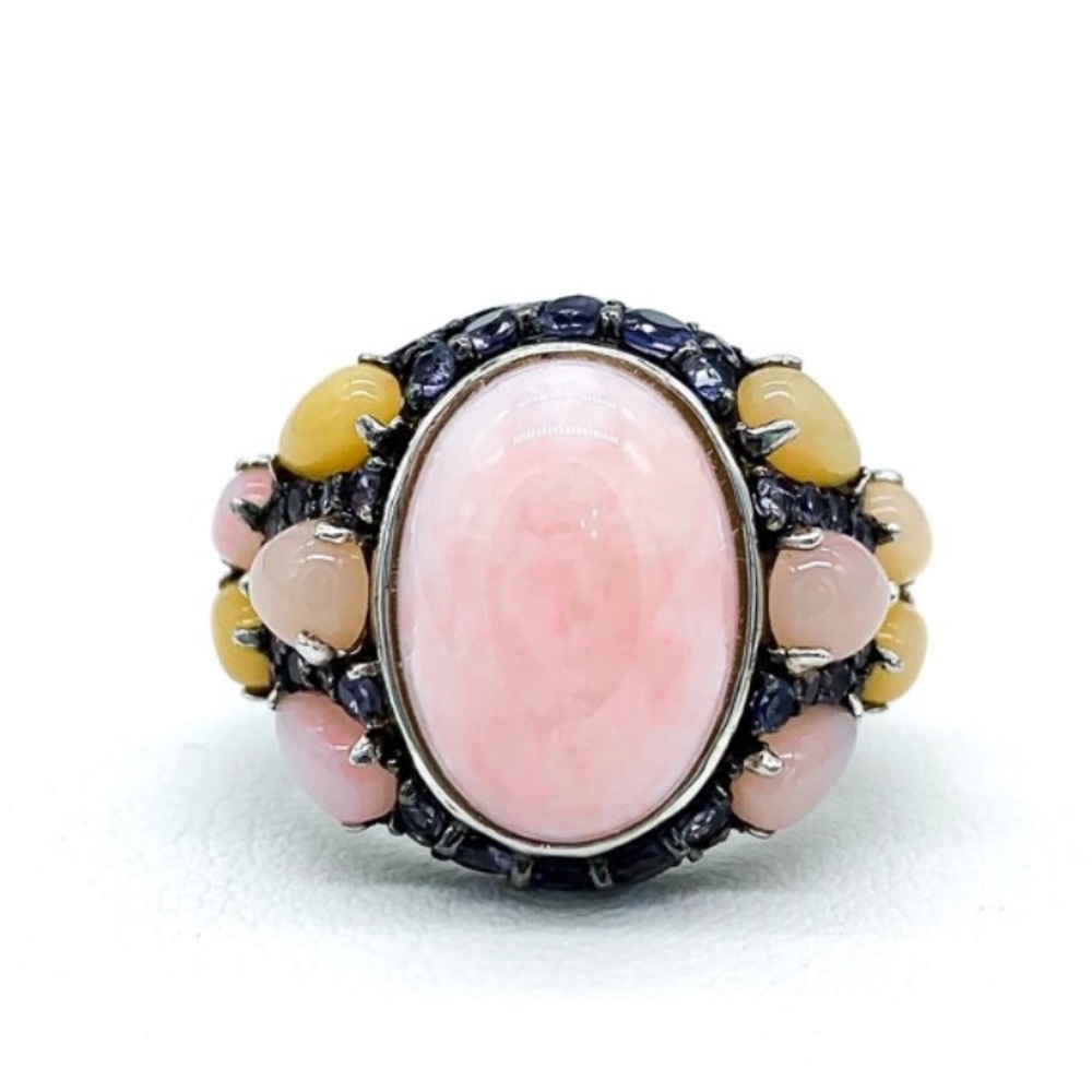 Vintage Sterling Silver Pink & Yellow Opal Cabochon Iolite Ring Size 6